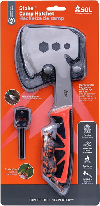 Retail card packaging for the SOL Stoke Camp Hatchet showing the tool secured upright against a dark grid pattern