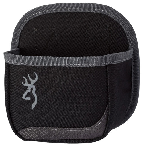Front view of a black Browning ammunition pouch with a brown embroidered logo on a clean white background
