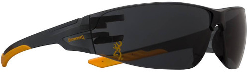 Angled front view of black Browning Shooters Flex safety glasses with tinted lenses and orange temple accents