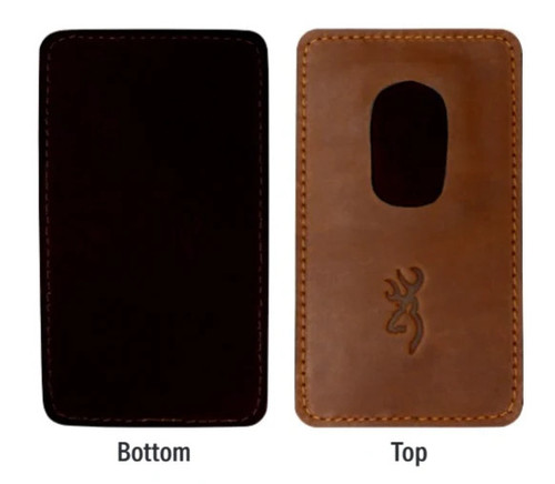 Front and back comparison view of a brown leather magnetic shotgun barrel rest on a white background