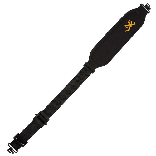 Angled view of a black padded Browning corporate gun sling with a gold buckmark logo on a white background