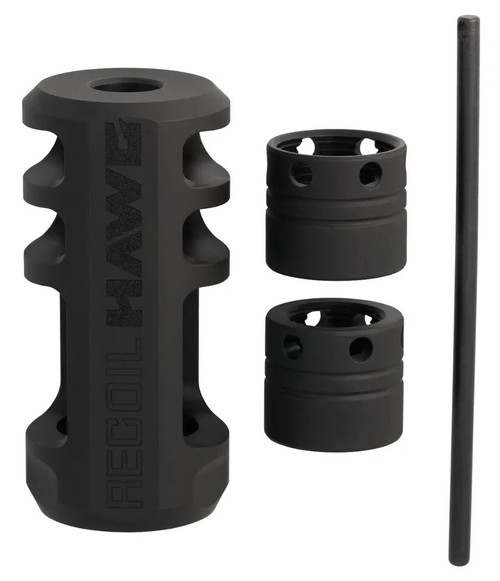 Front view of a black muzzle brake device shown with two metal thread adapter collars on a white background