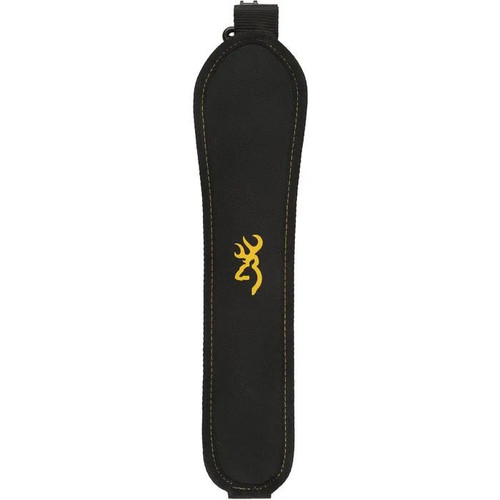 Horizontal full-length view of a padded Black Browning firearm sling on a clean white background
