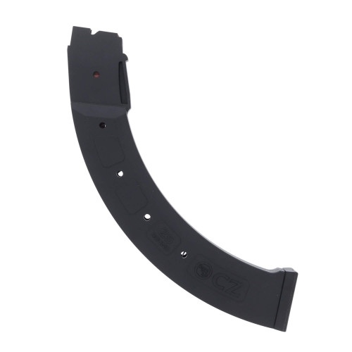 Side profile view of a curved black polymer twenty-five round factory rifle magazine on a white background