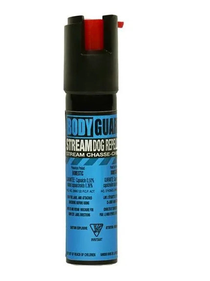 Front view of a compact blue Bodyguard Stream Dog Repellent canister featuring a red flip top actuator button