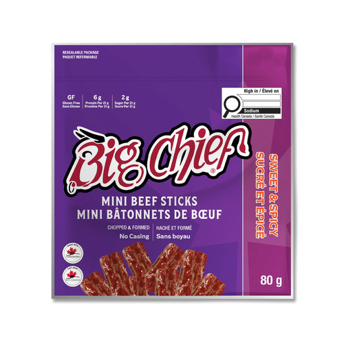 Front packaging view of an eighty gram bag of Big Chief Sweet and Spicy Mini Beef Sticks