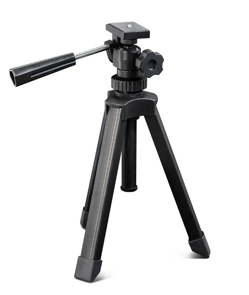 Angled perspective view of a black Konus 3-POD-8 tabletop tripod with a pan-and-tilt handle and rubber feet on a clean white background