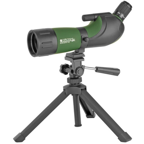 Konuspot-65 spotting scope with green armoring mounted on an extended black tabletop tripod against a white background