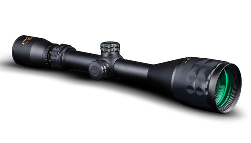 Angled studio shot of KonusPro 3-12x50 AO hunting riflescope featuring a large green multi-coated adjustable objective lens