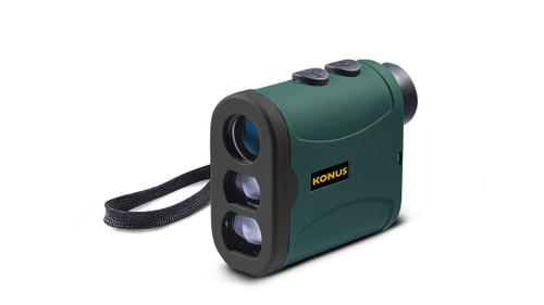 Angled side view of Konus EVO-1200 green and black laser rangefinder with wrist strap on a white background