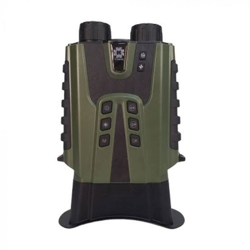 Top-down view of green and black Konuspy-19 night vision binoculars highlighting the tactical ribbed grip housing