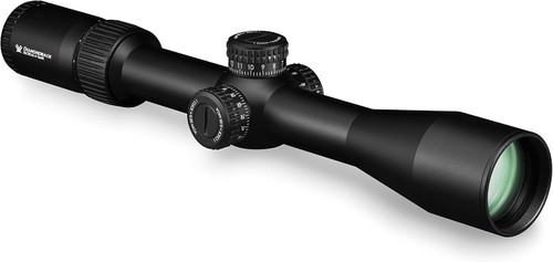 Three quarter rear perspective view of a matte black Vortex Diamondback Tactical 4-16x44 FFP riflescope showing its exposed tactical turrets