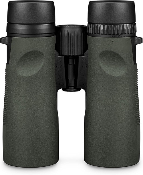 Front layout view showing the objective lenses and compact bridge design of green Vortex Diamondback HD binoculars
