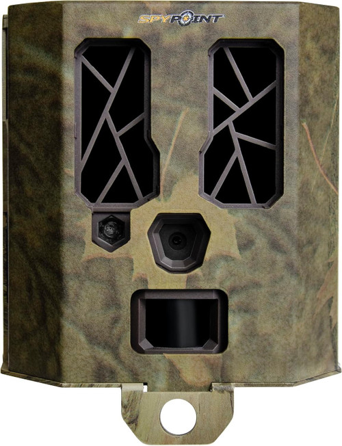 Front view close up of a closed camouflage 16-gauge steel security box designed for SPYPOINT trail cameras