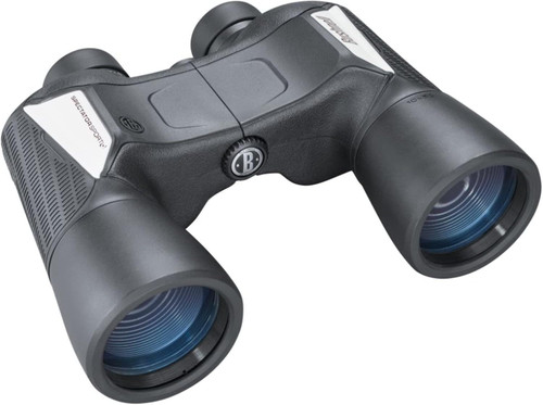 Angled view of black Bushnell Spectator Sport ten by fifty PermaFocus Porro prism binoculars on a white background