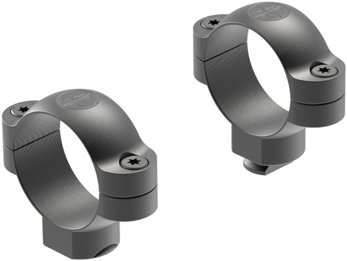 A pair of matte black Leupold STD 30mm high scope rings with visible mounting screws isolated on a white background