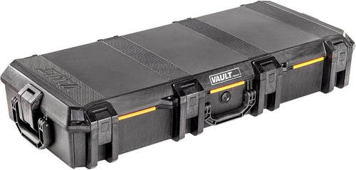 Three-quarter view of a closed black Pelican Vault V700 rifle case on a clean white background
