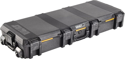 Three-quarter angle view of a closed black wheeled Pelican Vault V730 tactical rifle hard case on white background