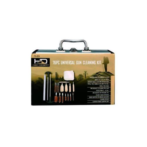 Front view of retail packaging box for High Desert 76-Piece Universal Gun Cleaning Kit with graphic layout of internal tools