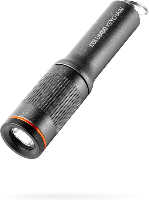 Close-up angled view of the front lens bezel and sleek aluminum body of the NEBO COLUMBO keychain flashlight