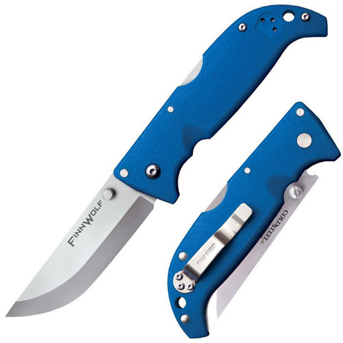 Side view of an opened and a closed blue Cold Steel Finn Wolf folding knife together on a white background