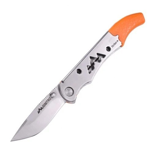 Outdoor Edge Ignitro folding survival knife shown fully deployed with an orange accent handle on a white background