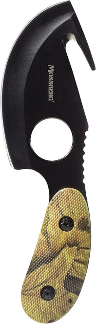 Extreme close-up of a Mossberg hunting knife featuring a black blade with an integrated finger hole and textured grip
