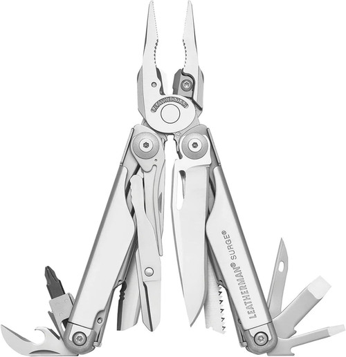 Symmetrical studio shot of Leatherman Surge multi-tool with heavy-duty pliers deployed and multiple tools flared out