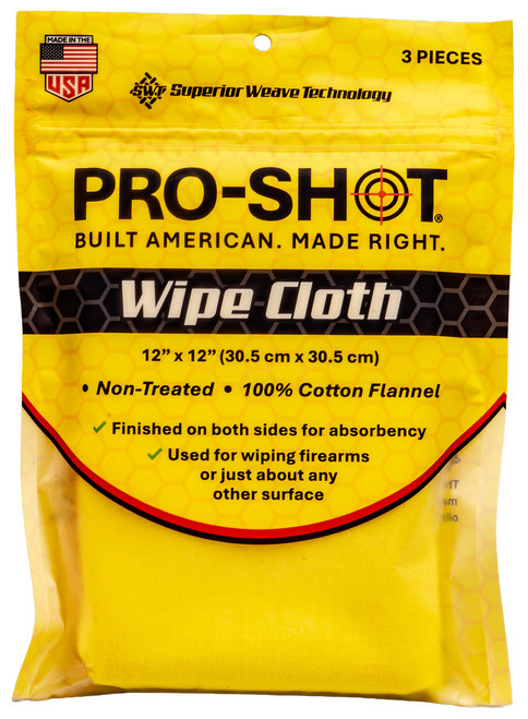 Front packaging view of a yellow Pro-Shot Wipe Cloth three piece pack on a white background