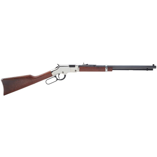 Profile view of the Henry Golden Boy Silver Lever Action Rimfire Rifle in .22 LR showing the American walnut stock and gleaming silver receiver.