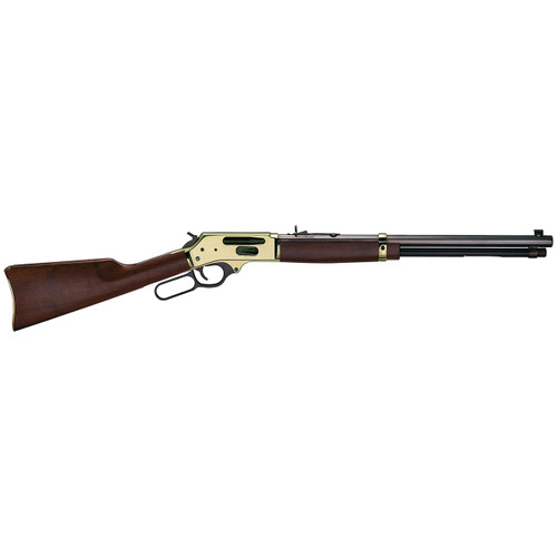 Full profile view of the Henry Brass Lever Action Side Gate Rifle in .30-30 Win highlighting its genuine straight-grip American walnut stock.
