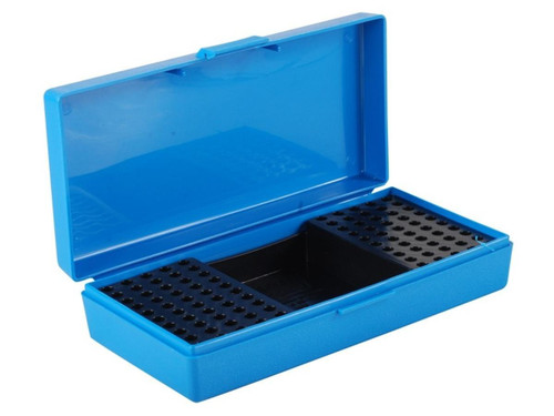 Angled perspective view of an open blue MTM Case-Gard 200-round plastic rimfire ammunition box with a black interior grid tray on a white background