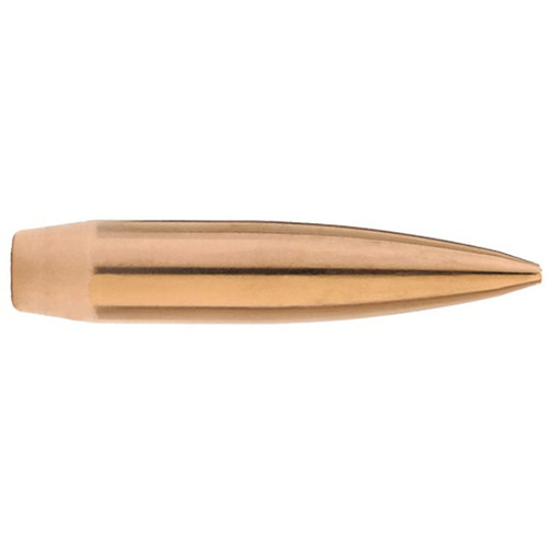 Isolated studio close-up of a single Sierra MatchKing 6mm 107 grain hollow point boat tail rifle bullet on a clean white background.