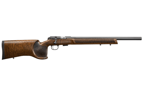 Right side profile view of a CZ 457 Varmint MTR .22 LR bolt-action rifle featuring its premium Turkish walnut target stock against a black background.