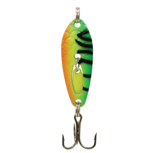 A fishing lure with a green, yellow, and orange design. The fire tiger Clacker Lures have a unique 'clacker' design that mimics the sound of feeding fish, attracting predatory species. Suitable for various species, these spoons are perfect for trolling, casting, and jigging. The reflective platinum finish ensures visibility underwater. Get your best-kept secret fishing tool at theoutdoorsman.ca.