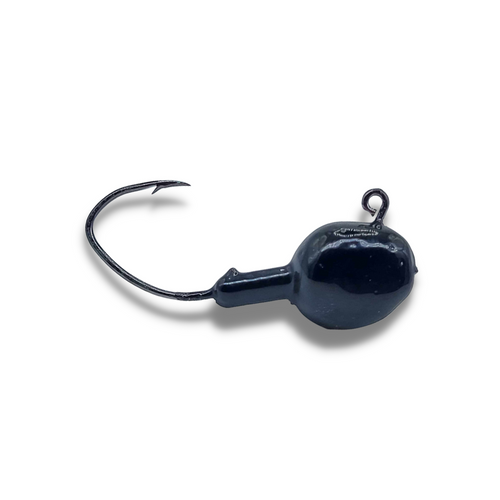 A black fishing lure with a hook on it, part of a collection of 12 walleye jigs with various designs and colors.