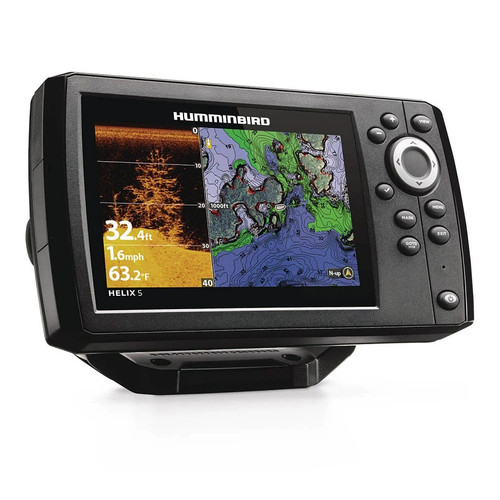 Humminbird fishfinder displaying underwater view with fish icons and depth readings.