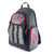 Right side profile view of the tackle backpack showing the mesh beverage holder pouch, tool attachment loops, and external zipper tracks.