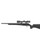 Side profile view of a matte black Vortex Crossfire HD riflescope mounted on a black bolt-action rifle against a white background