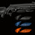 Close-up view of the Multi Grip System featuring interchangeable black, blue, and orange modular handle grips for a Stoeger RX20 rifle.