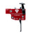 Right profile view of a red and black Triggertech Diamond Remington 700 curved trigger unit on a white background