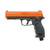 Left profile view of an orange and black HDP 50 Home Defense Pistol isolated on a clean white background