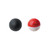 Studio view of two spherical defense rounds, one solid black and one red and white, on a white background