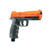 Angled rear view of an orange and black HDP 50 Home Defense Pistol pointing upward on a white background