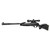 Right side profile view of a streamlined black synthetic stock air rifle with a scope on a solid white background