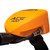 Profile close-up of the back of the Garrett ACE 400 metal detector control box. Displays the curved, bright yellow plastic housing printed with the black ACE 400 logo. A thick black audio cable with a threaded metallic connector plugs directly into the lower side of the housing near the foam-padded handle grip.