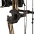 A close-up product shot focusing on the black brush-style full-containment arrow rest mounted on the camouflage riser of a Diamond Radian compound bow. The circular whisker biscuit-style rest is shown in relation to the bowstrings and cable slide rod.