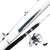 Product display of an Okuma Tundra spinning rod and reel combo against a white background. Features a white two-piece fiberglass rod blank with blue 'Tundra' graphics and an Okuma polar bear logo, multi-color line guides, a black foam grip handle, and a matching white and blue Okuma spinning fishing reel.