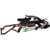 An angled perspective view from behind the buttstock of the camouflage Excalibur Mag Max 350 recurve crossbow over a white surface. The camera angle looks forward along the compact hunting weapon, highlighting the hollow cutouts of the camo stock, the trigger assembly housing, the mid-mounted scope body, and the lower quiver holding green-feathered arrows.