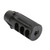 An angled front perspective studio shot of a matte black Sako and Tikka muzzle brake, isolated on a plain white background. The cylindrical muzzle device features three large horizontal port openings along the side, external fluting accents across the top housing surface, a central bullet exit aperture on the flat front face, and a small timing adjustment screw near the rear threaded collar.